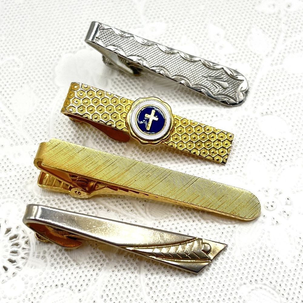 Lot of 4 Vintage Tie Clips Silver and Gold Tone Incl. Cross, SHIELDS, ANSON